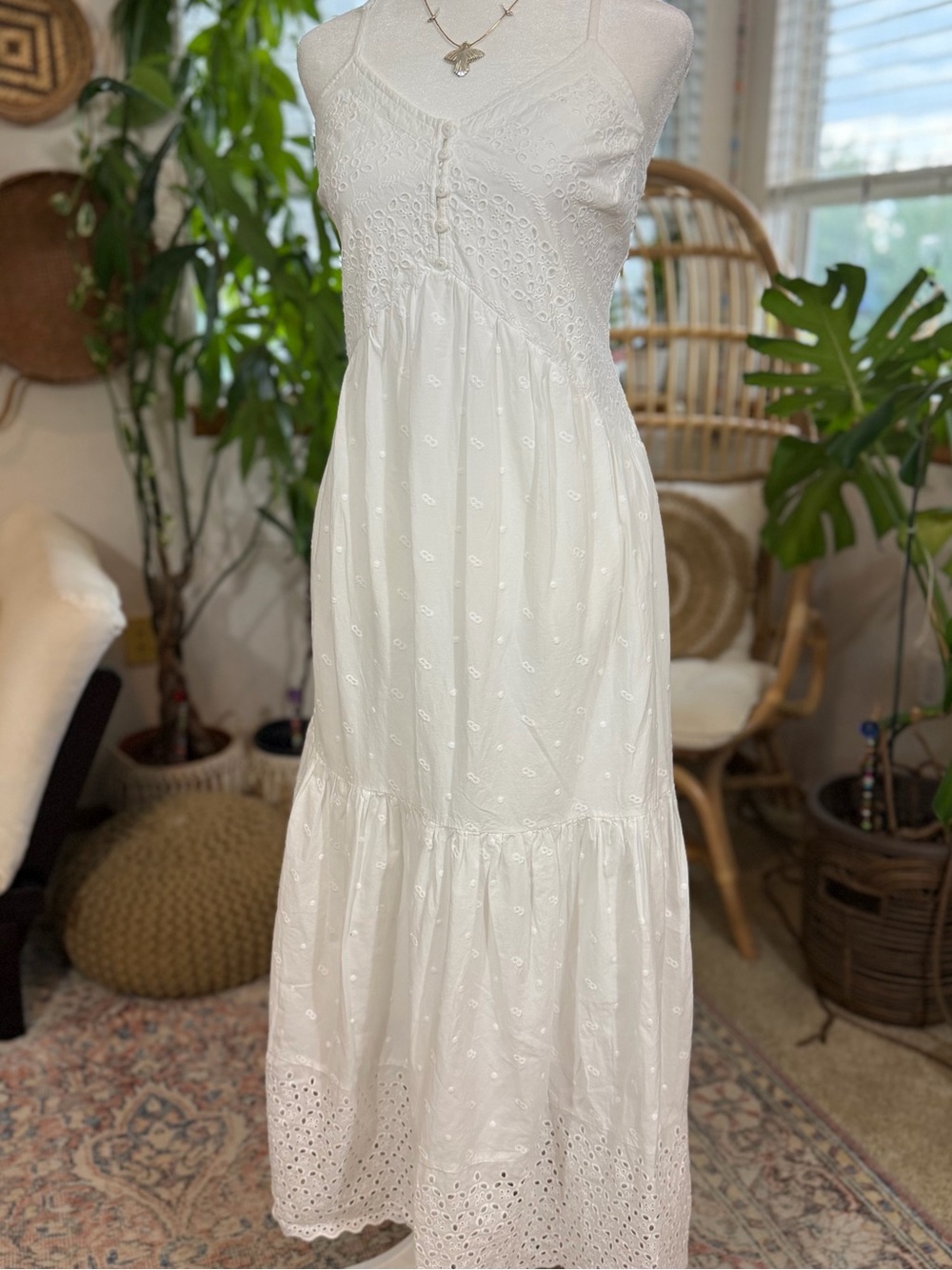 White Eyelet Lace Boho Maxi Dress Women’s Large | Cottagecore Coastal Prairie - Picture 6 of 13